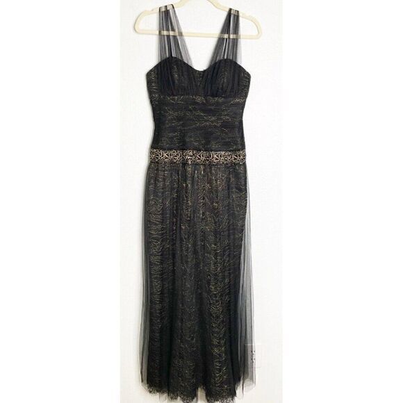 Teri‎ Jon Rickie Freeman Black Gold Sequin Tulle Evening Gown Dress Women's sz 4 - Picture 1 of 5
